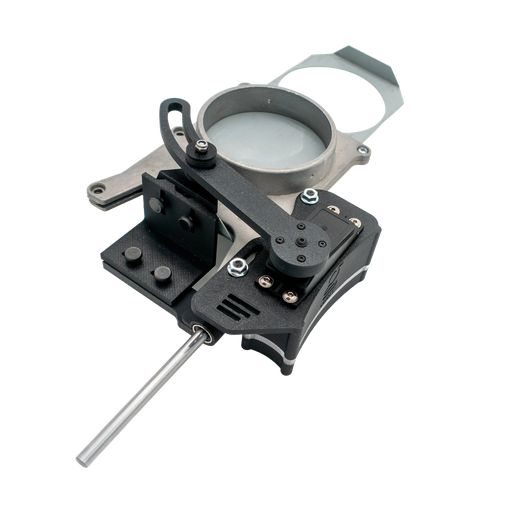 GRIT Gate Control for a 6 inch metal blast gate, a black actuator bracket that bolts onto the gate body